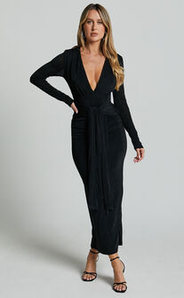 Melanie Midi Dress - Plunge Long Sleeve Tie Front Dress in Black