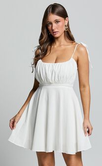 Aziah Mini Dress - Tie Shoulder Ruched Bodice Dress in White