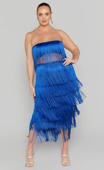 Amalee Two Piece Set - Fringe Strapless Crop Top and Midi Skirt Set in Cobalt Blue