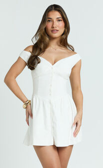 Adelaide Mini Dress - Off Shoulder Button Front Fit And Flare Dress in White