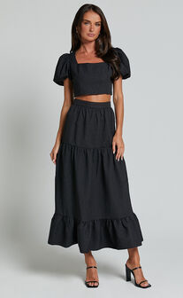 Katherine Two Piece Set - Puff Sleeve Crop Top and Ruffle Hem Midi Skirt Set in Black