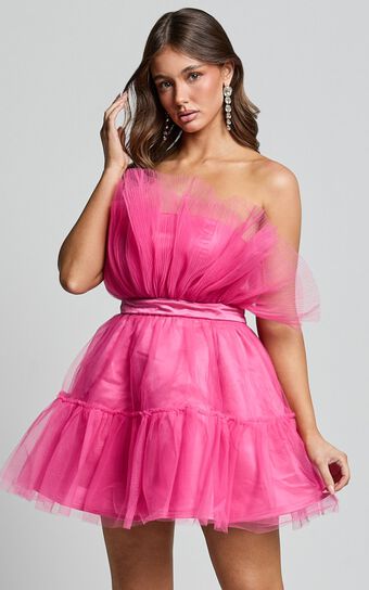 Amalya Mini Dress Tiered Tulle Fit and Flare in Hot Pink Showpo Sale