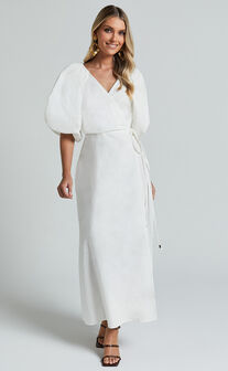 Amalie The Label - Santana Linen Blend Puff Sleeve Wrap Midi Dress in White