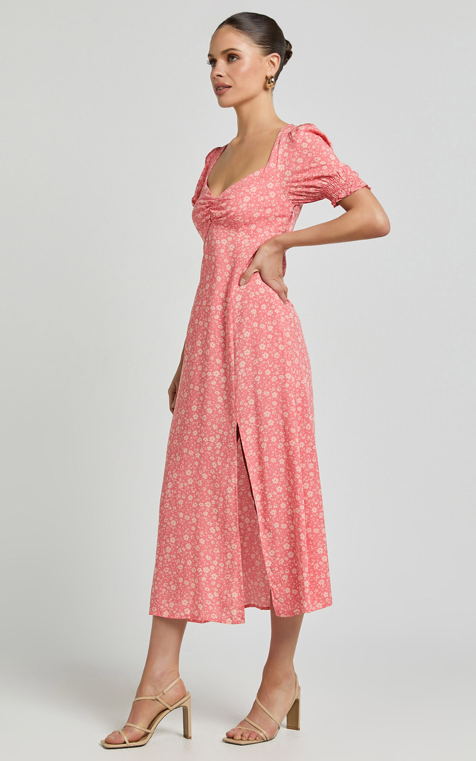 Marcel Midi Dress - Sweetheart Puff Sleeve Thigh Split Dress in Coral ...