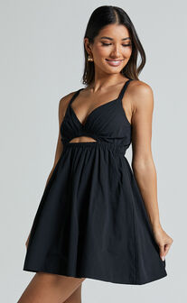 Marie Mini Dress - Strappy V Neck Front Cut Out A Line in Black