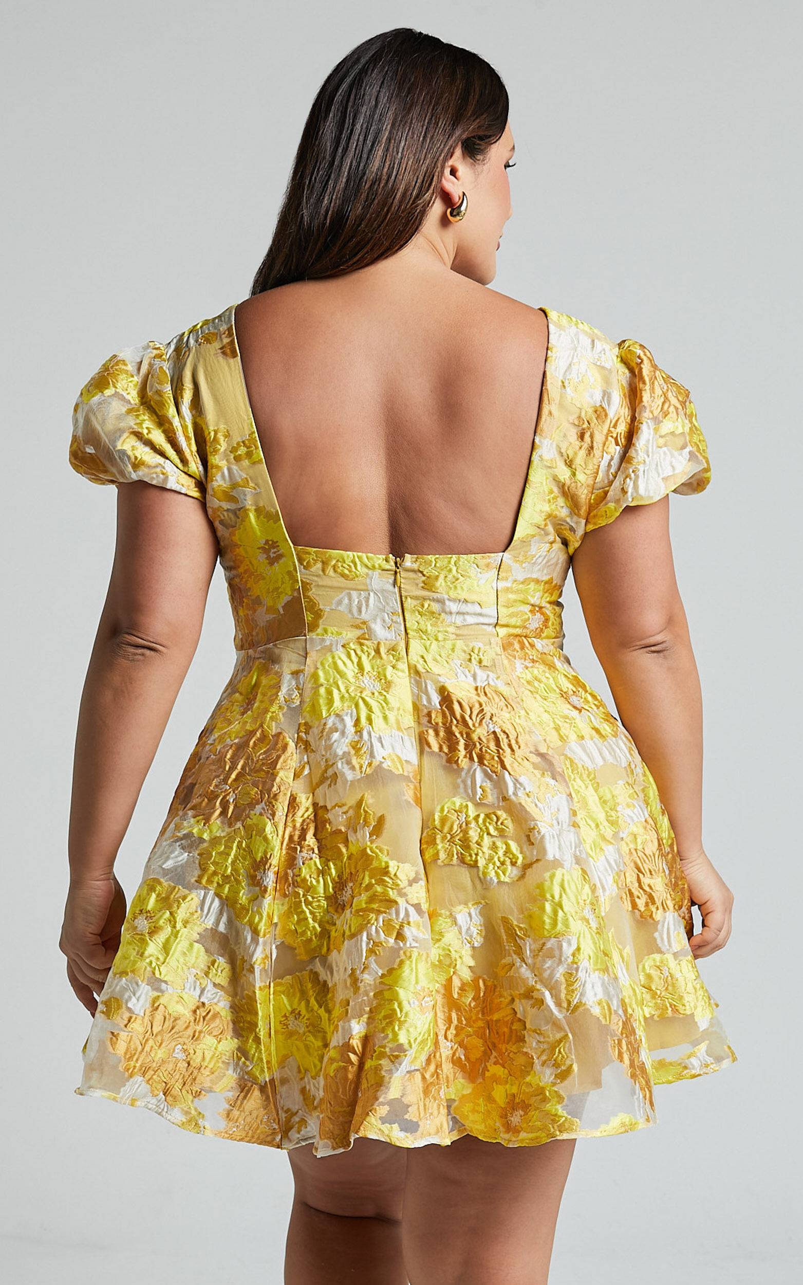 Brailey Jacquard Mini Dress - Puff Sleeve Dress in Yellow Floral | Showpo  USA