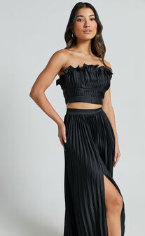 Reign Two Piece Set - Ruffle Crop Top and Thigh Split Midi Skirt in Black