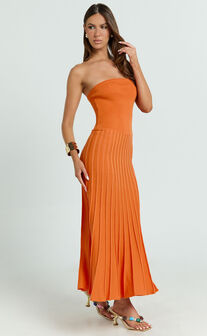 Paris Midi Dress - Strapless Drop Waist Pleated Knit Dress in Orange
