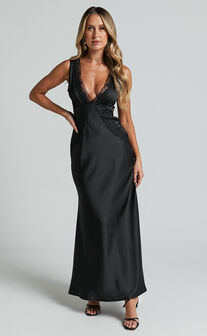 Chrissie Maxi Dress - Lace Detail Plunge Dress in Black