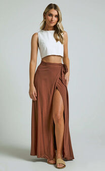 Sundry Midi Skirt - Linen Look High Waisted Cross Front Detail Skirt in  Black