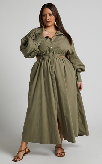 Merabelle Midi Dress - Side Cut Out Collared Long Sleeve Shirt Dress in Olive