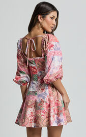 Enya Mini Dress - Puff Sleeve Empire Waist Dress in Floral Mosaic Print ...