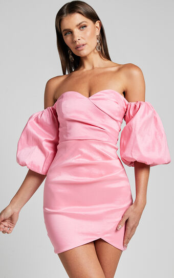 Olive Mini Dress - Sweetheart Off Shoulder Short Puff Sleeve in Pink