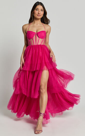 Ariel Maxi Dress - Tiered Tulle Bustier Halter Dress in Hot Pink