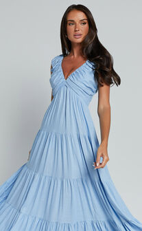 Nicollee Midi Dress - Plunge Neck Sleeveless Tiered Dress in Blue