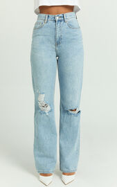 Miho Jeans - High Waisted Recycled Cotton Distressed Straight Leg Denim Jeans in Mid Blue Wash ...
