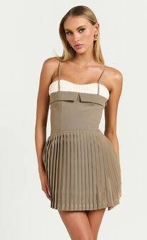 Aaron Mini Dress - Strappy Fit And Flare Pleat Skirt Dress in Light Brown