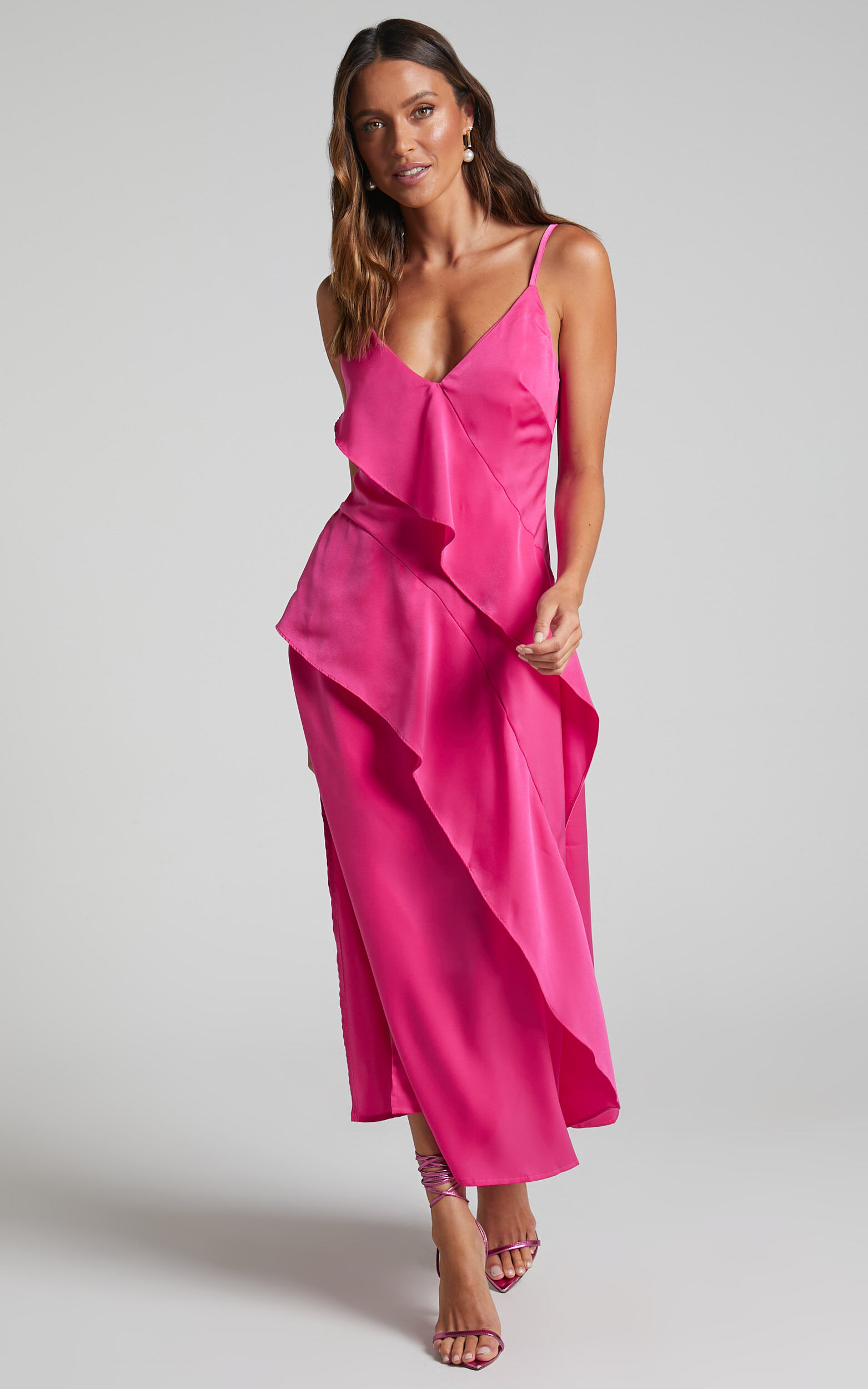 Eileen Midi Dress V Neck Soft Ruffle Tiered Satin Dress in Hot Pink