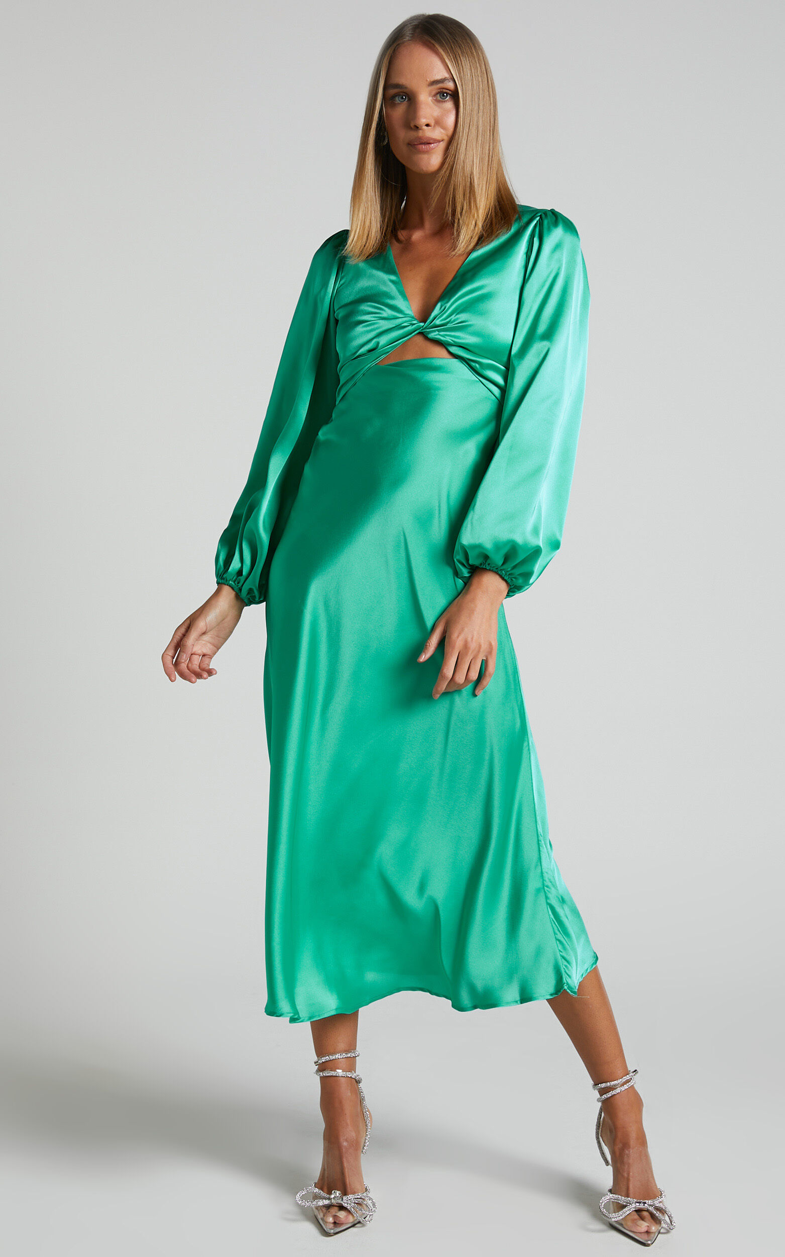 Cosmina Midi Dress - Twist Cut Out Long Sleeve Satin Dress in Mint