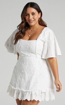 Fancy A Spritz Mini Dress - Square Neck Dress in White Embroidery