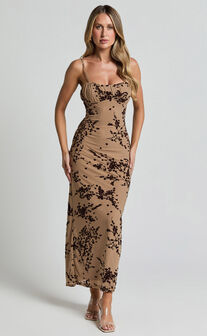 Lindsay Midi Dress - Ruched Chest Velvet Burnout Slip Dress in Brown Floral