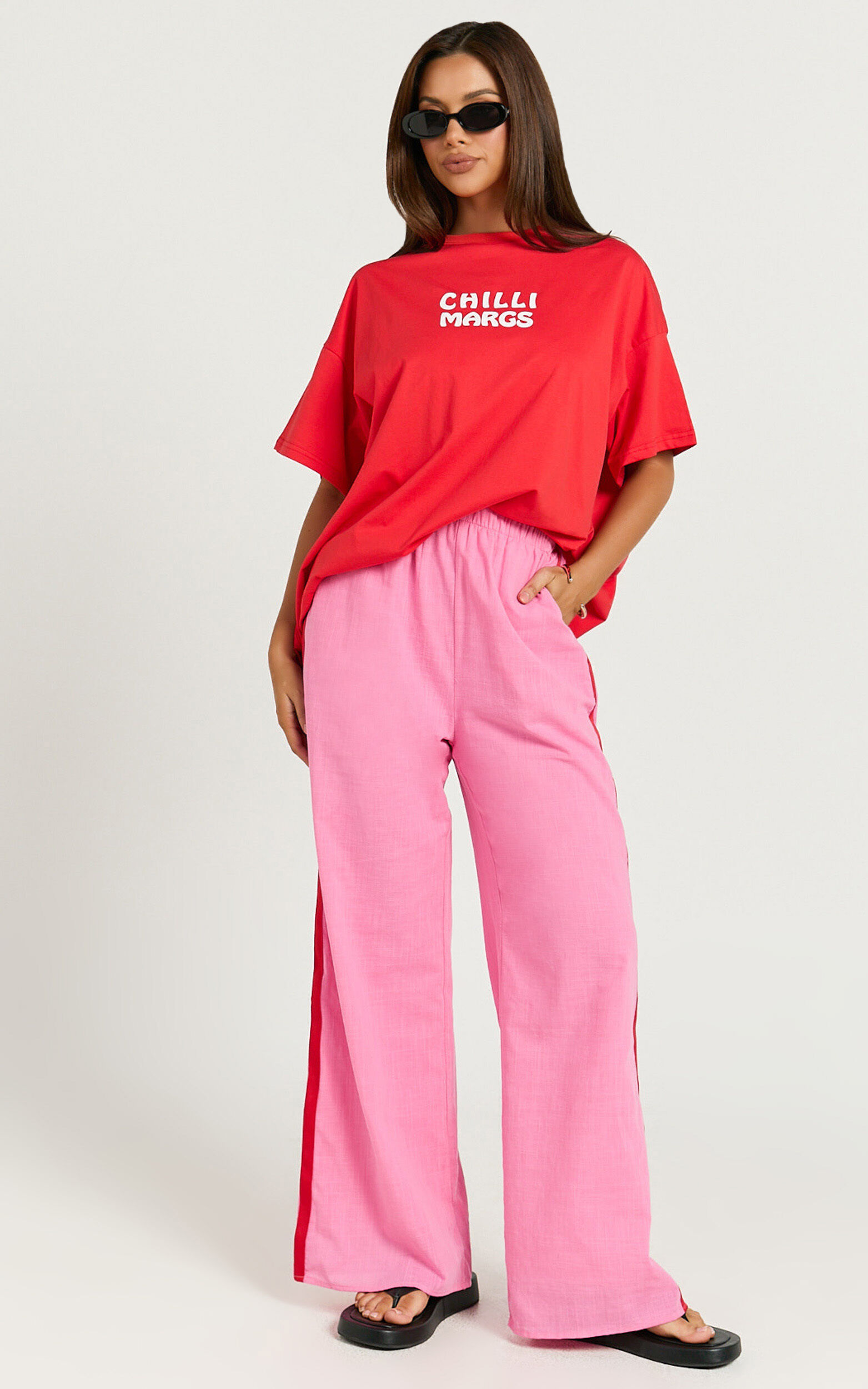 Editha Two Piece Set - Chilli Margs Oversized Tee and Stripe Pant Set in Red/Pink - 06, RED1