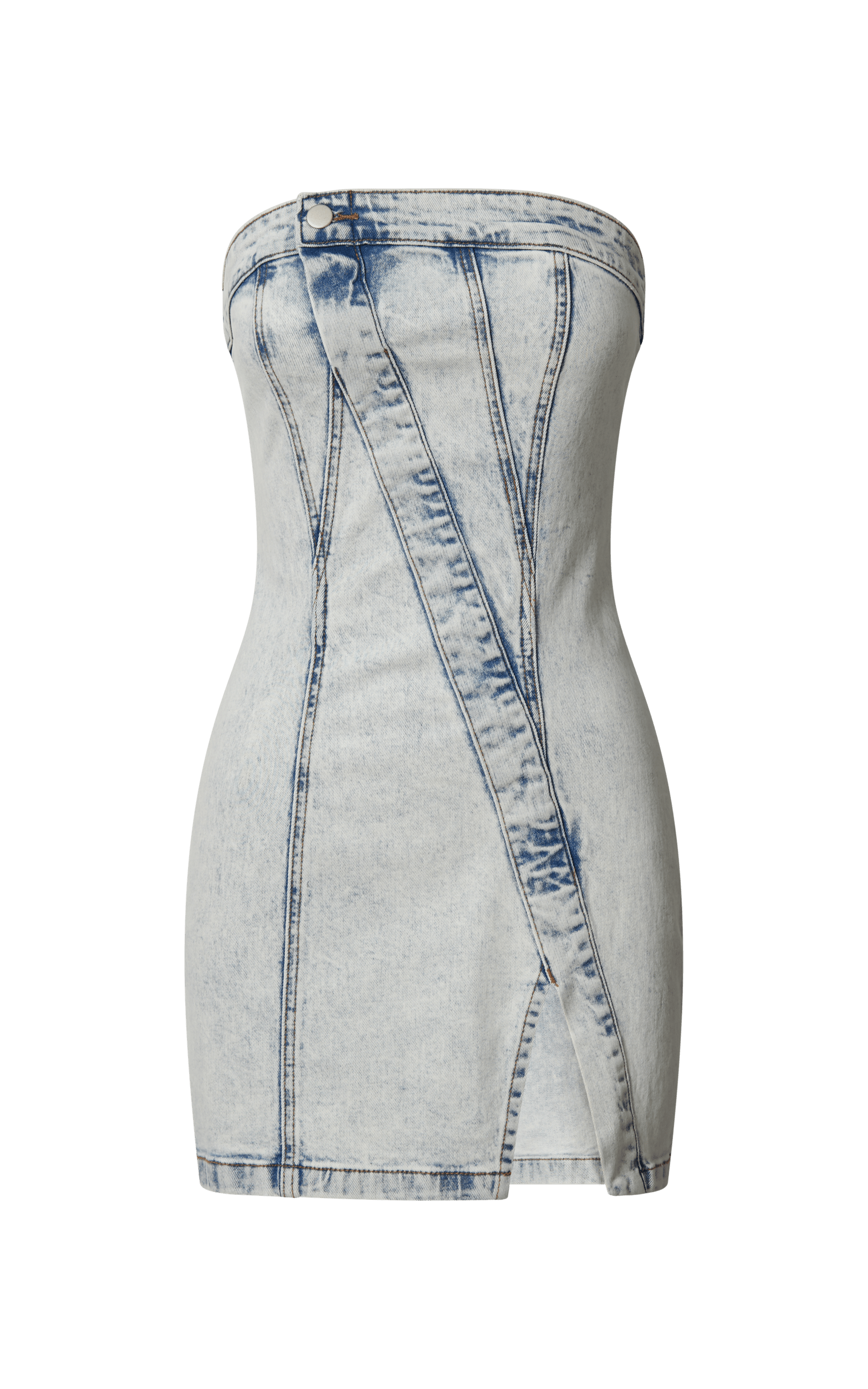 Erline Mini Dress - Asymmetric Strapless Denim Dress in Acid