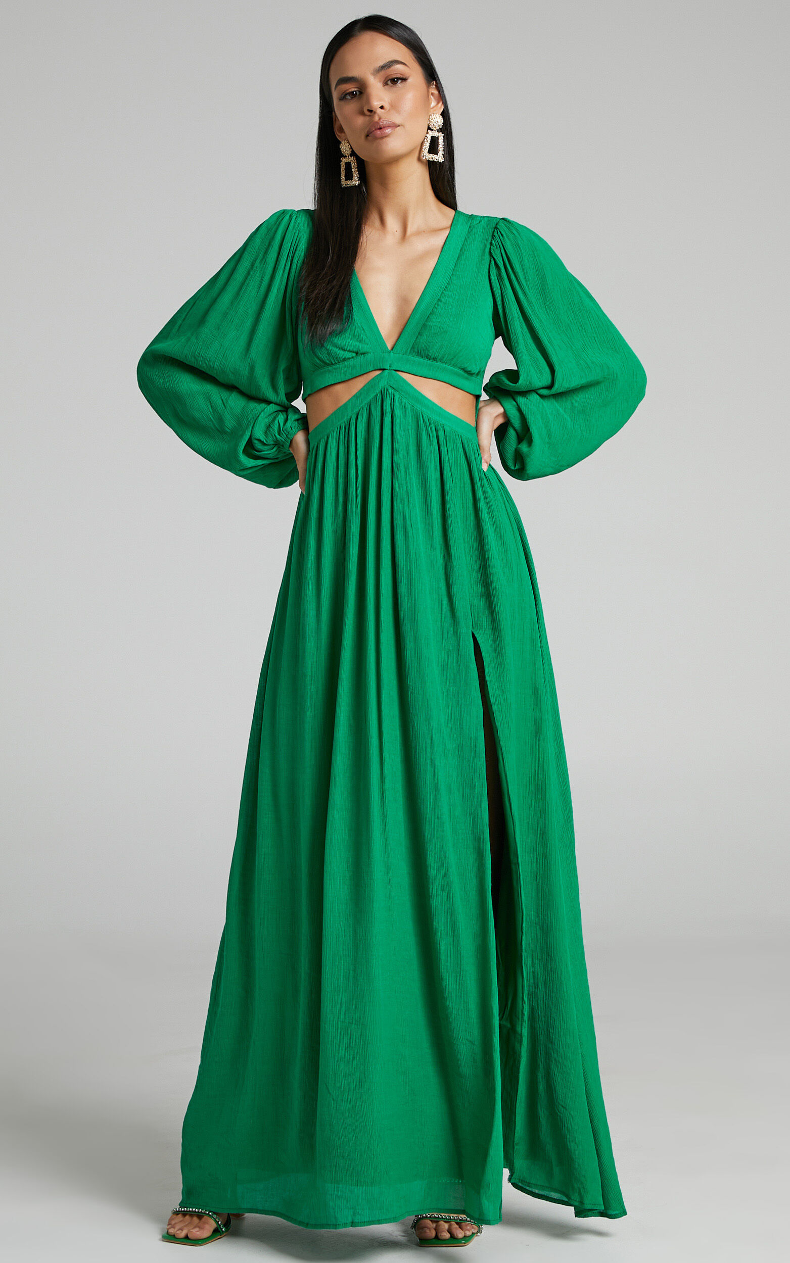 Paige Maxi Dress - Side Cut Out Balloon Sleeve Dress in Green