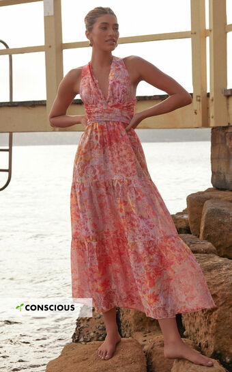Amalie The Label - Monte Plunge Neck Tie Back Tiered Maxi Dress in Morocco Print Amalie the Label