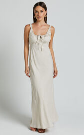 Lucas Midi Dress - Ruched Bust Linen Look Dress in Natural | Showpo