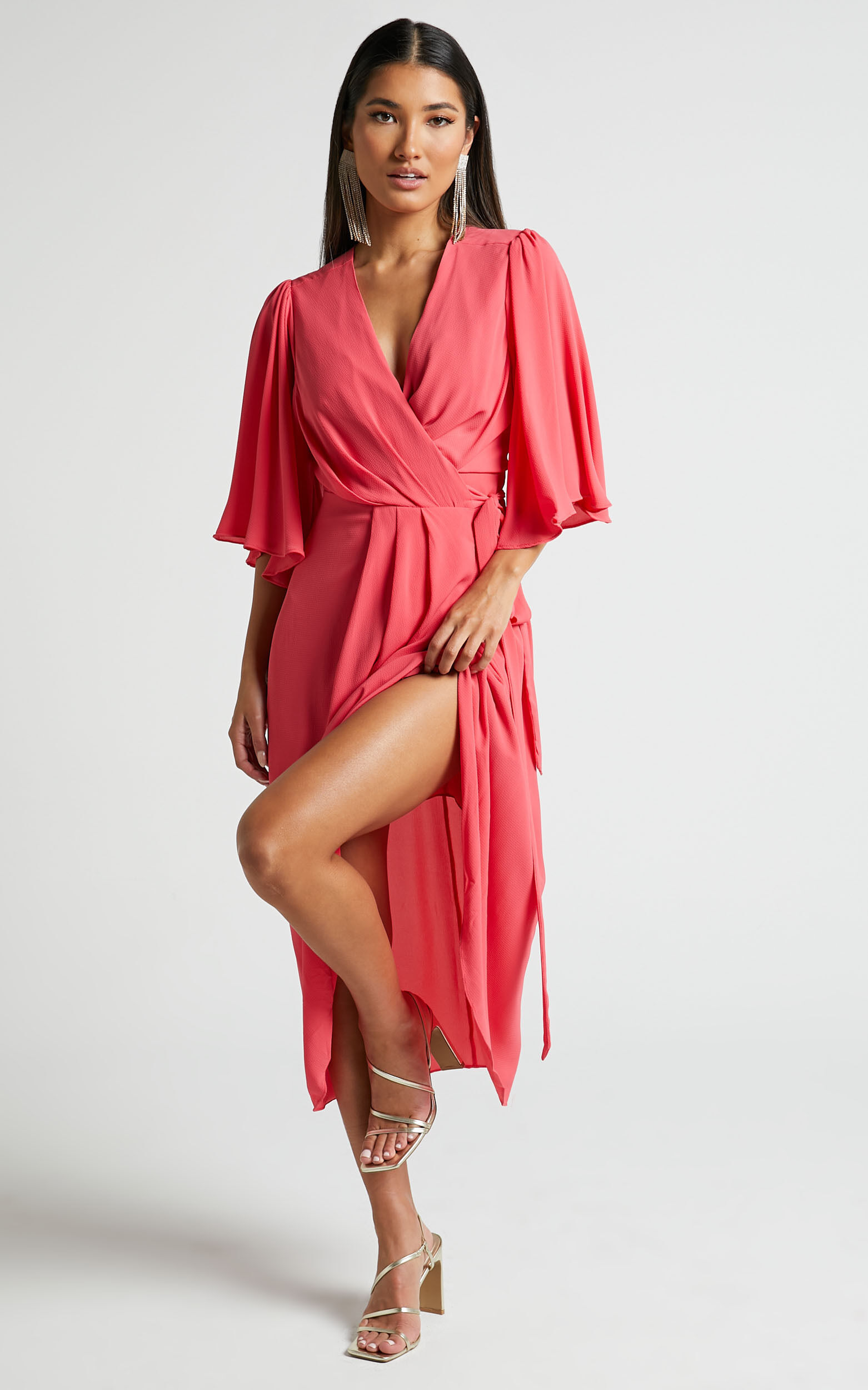 Meagan Midi Dress V Neck Flutter Sleeve Pleated Detail Wrap in Pink