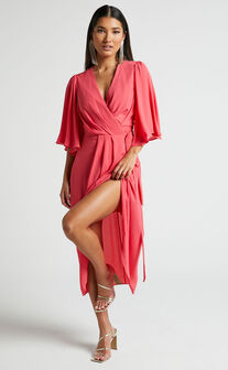 Meagan Midi Dress - V Neck Flutter Sleeve Pleated Detail Wrap in Pink