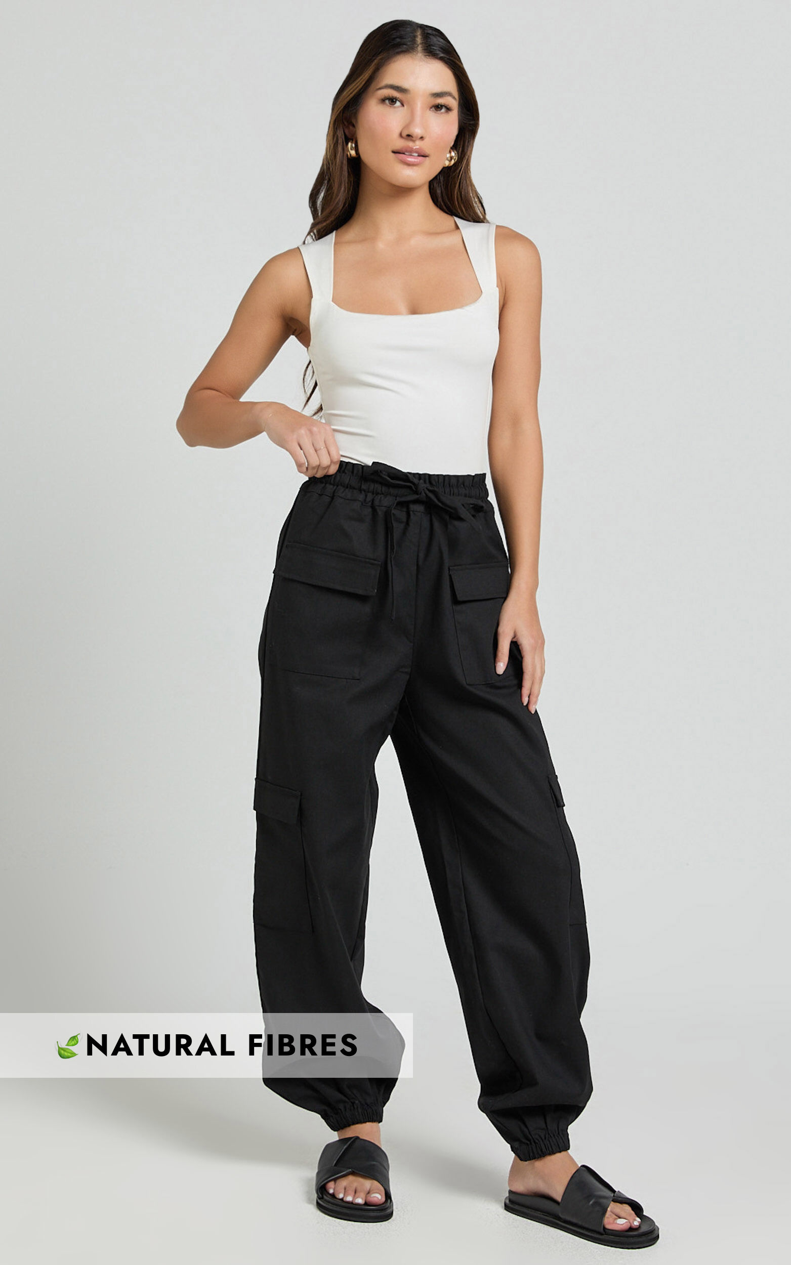 Simpson Pants - Linen Tie Waist Pocket Detail Cargo Pants in Black - 06, BLK1