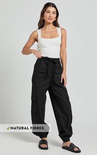 Simpson Pants - Linen Tie Waist Pocket Detail Cargo Pants in Black