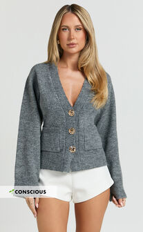Nerissa Cardigan - V Neck Recycled Knit Contoured Cardigan in Dark Grey