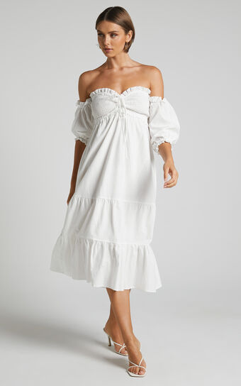 Nikka Midi Dress - Shirred Off Shoulder Puff Sleeve Dress in White ...