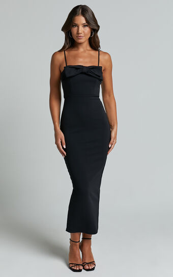 Dahlia Midi Dress - Bow Square Neck Dress in Black