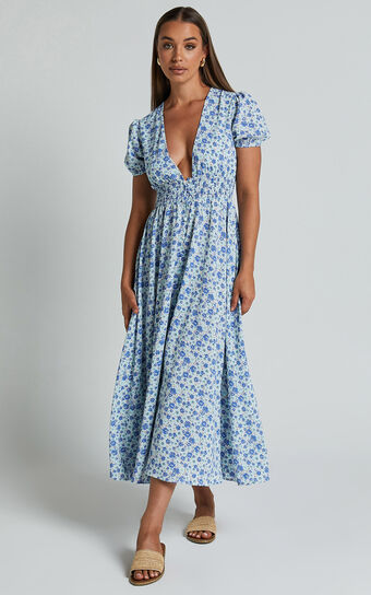 Leivia Midi Dress - Plunge Short Sleeve Shirred Waist in Blue Floral
