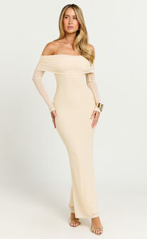 Bethanie Maxi Dress - Off The Shoulder Mesh Dress in Cream