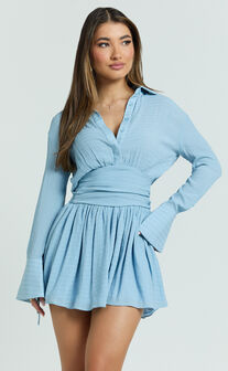 Valerie Mini Dress - Collared Long Sleeve Corset Waist Shirt Dress in Pale Blue