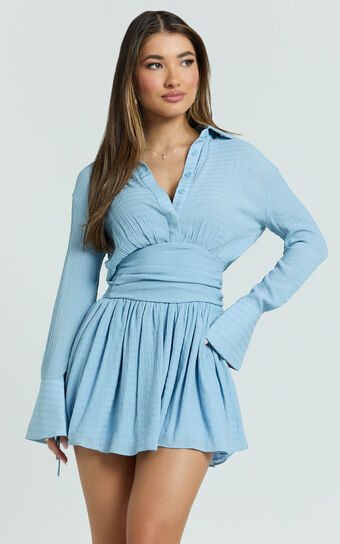 Valerie Mini Dress - Collared Long Sleeve Corset Waist Shirt Dress in Pale Blue