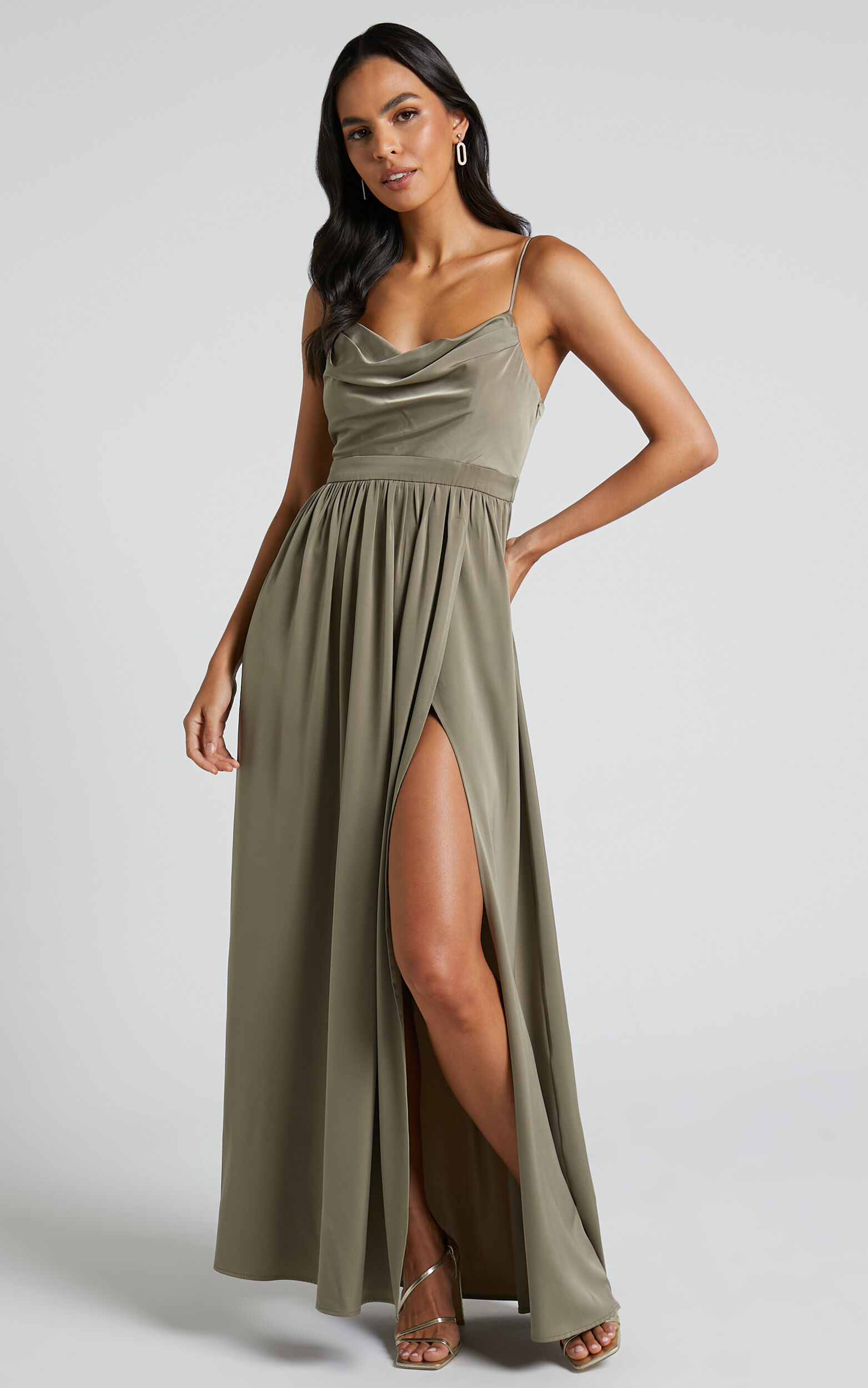Gemalyn Maxi Dress - Cowl Neck Thigh Split Dress in Olive - 04, GRN1