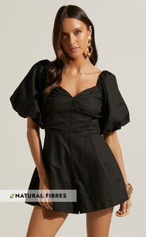 Amalie The Label - Palais Linen Blend Off Shoulder Puff Sleeve Sweetheart Neck Playsuit in Black