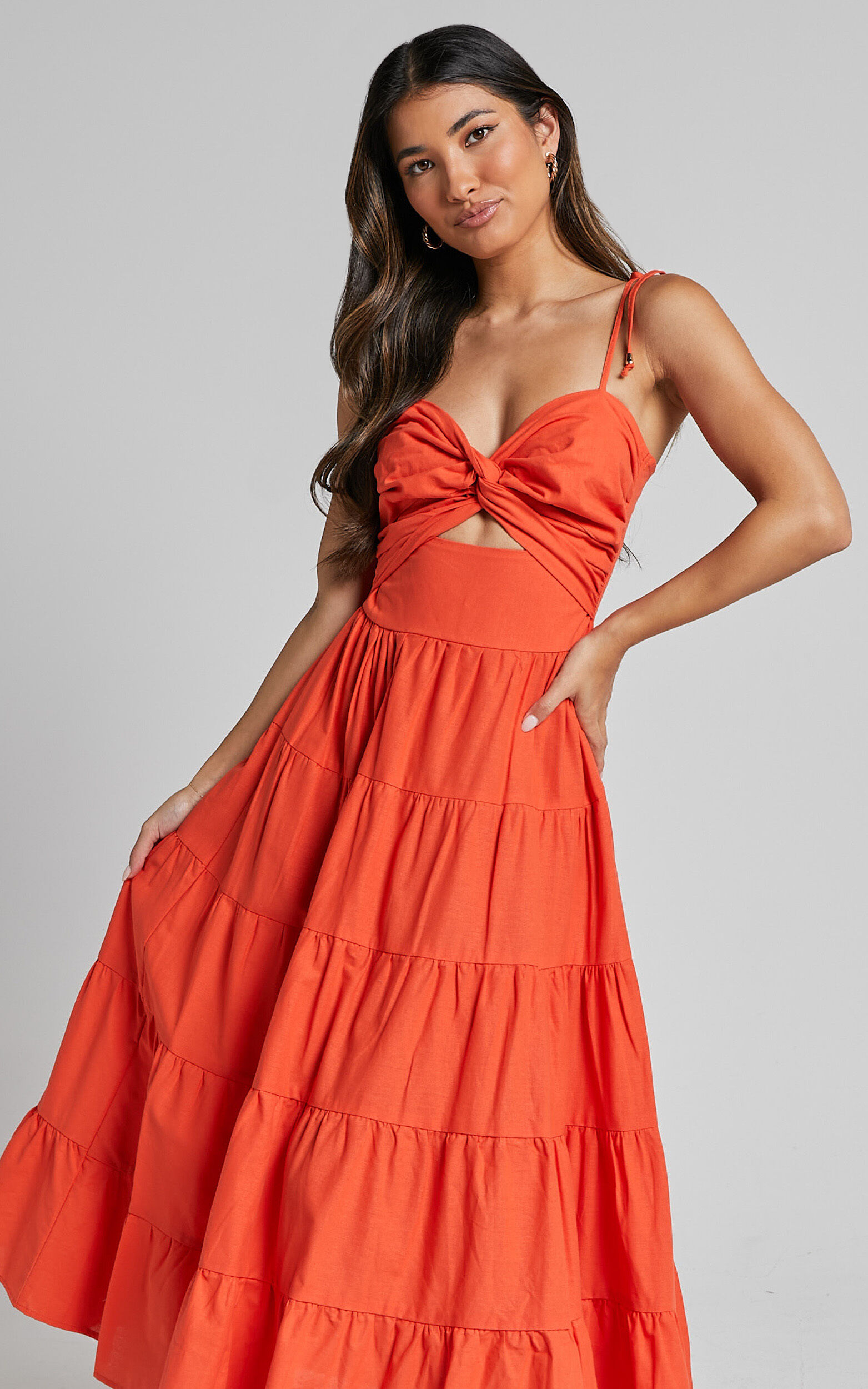 Leticia Midi Dress - Twist Front Tie Strap Tiered Dress in Orange - 06, ORG1