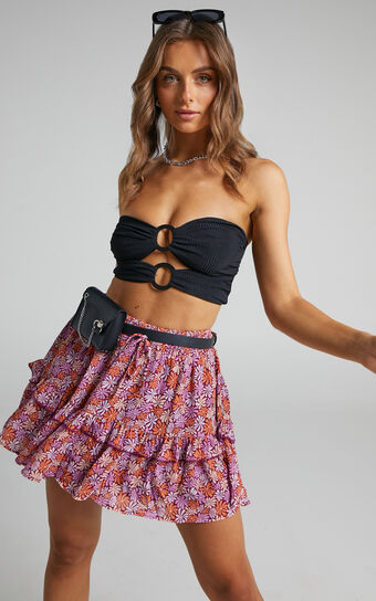 Kaleia Mini Skirt - Ruffle Trim Tiered Skirt in Psychadelic Daisy