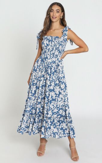Rochelle Shirred Bodice Maxi Dress In Navy Floral