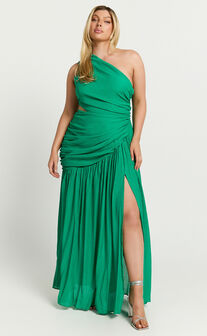 Darcy Maxi Dress - One Shoulder Side Cut Out Gathered Dress in Green