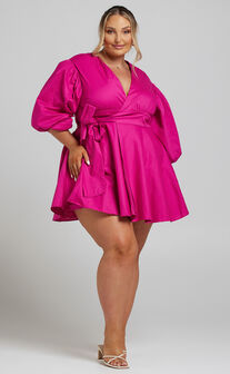 Zyla Mini Dress - Puff Sleeve Wrap Dress in Berry