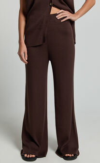 Sasha Pants - Knitted High Waist Wide Leg Pants in Chocolate