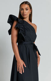 Almeida Midi Dress - One Shoulder Ruffle Detail Belted Dress in Black ...